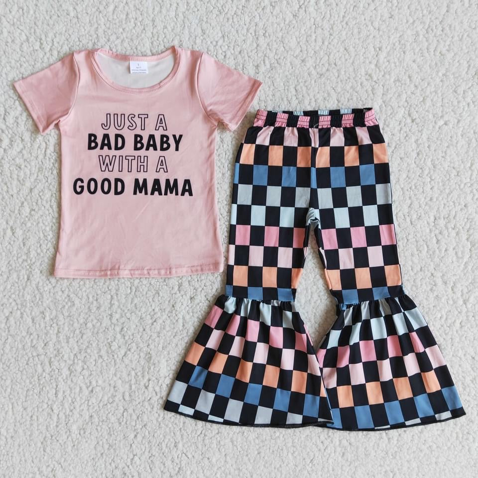 Preorder Just A Bad Baby With A Good Mama Checkered Bells Set - Mavictoria Designs Hot Press Express