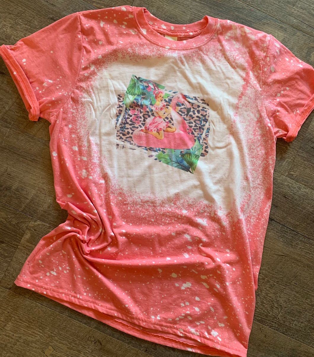 Pin up girl flamingo float coral bleached tee Graphic tee - Mavictoria Designs Hot Press Express