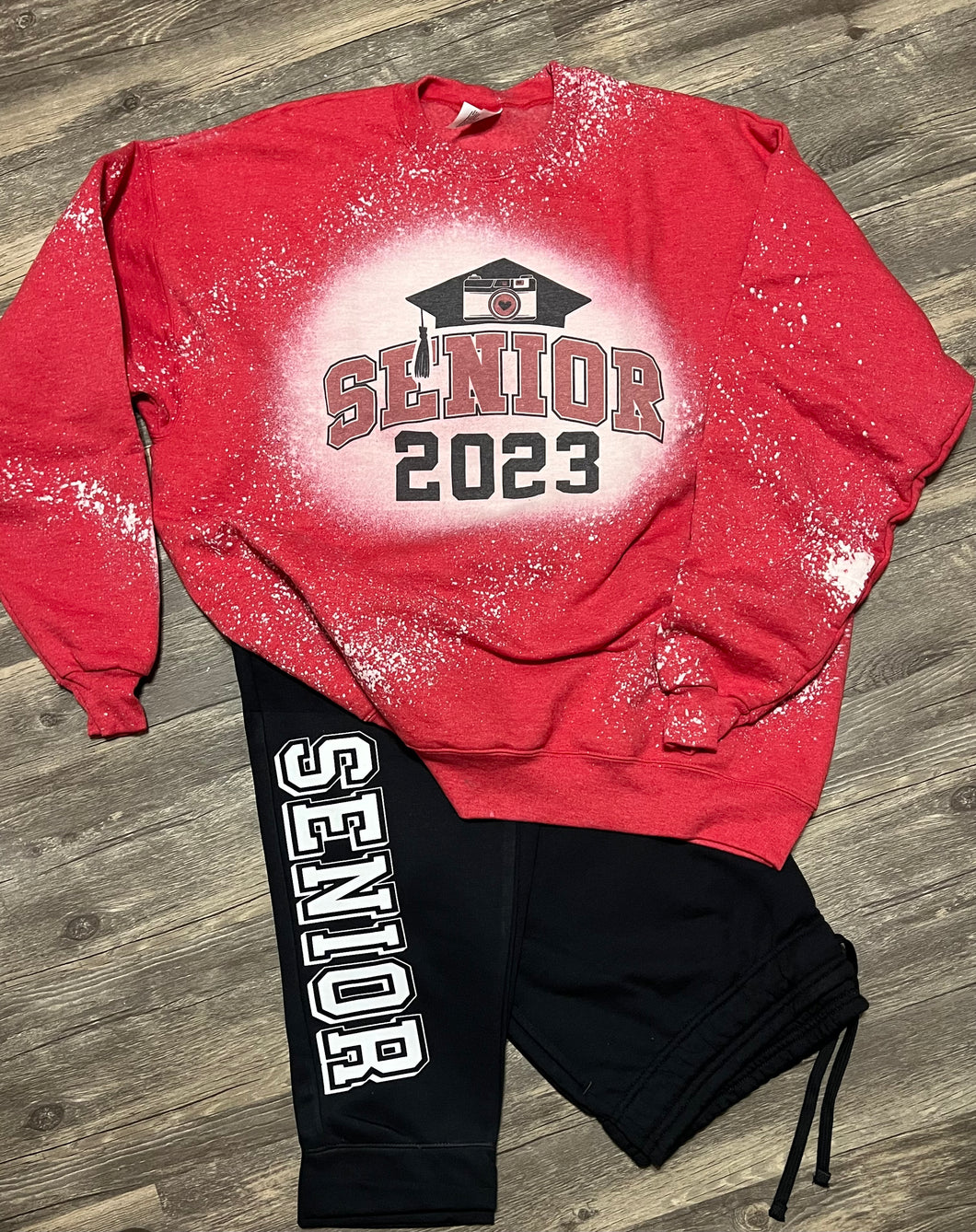Senior 2023 (cap will NOT have camera unless you request in notes to add it) bleached hoodie or tee graphic - Mavictoria Designs Hot Press Express