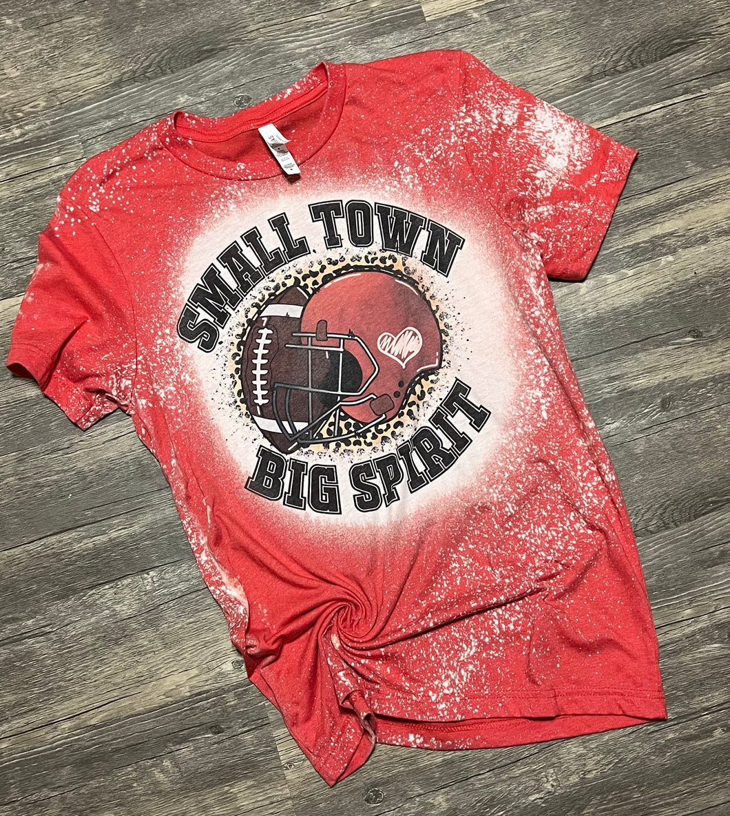 Small Town Big Spirit Football graphic red bleached tee. Sports. - Mavictoria Designs Hot Press Express