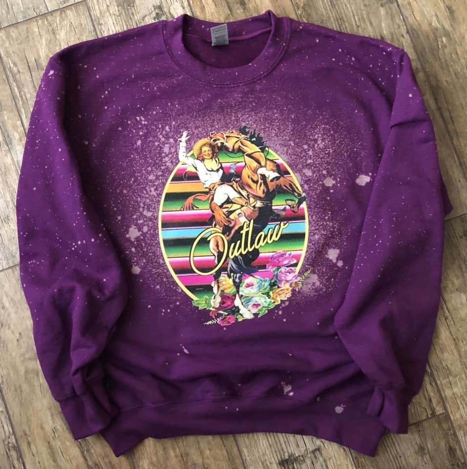 Purple bleached oval serape Outlaw crewneck sweatshirt. Unisex. Custom shirt. - Mavictoria Designs Hot Press Express