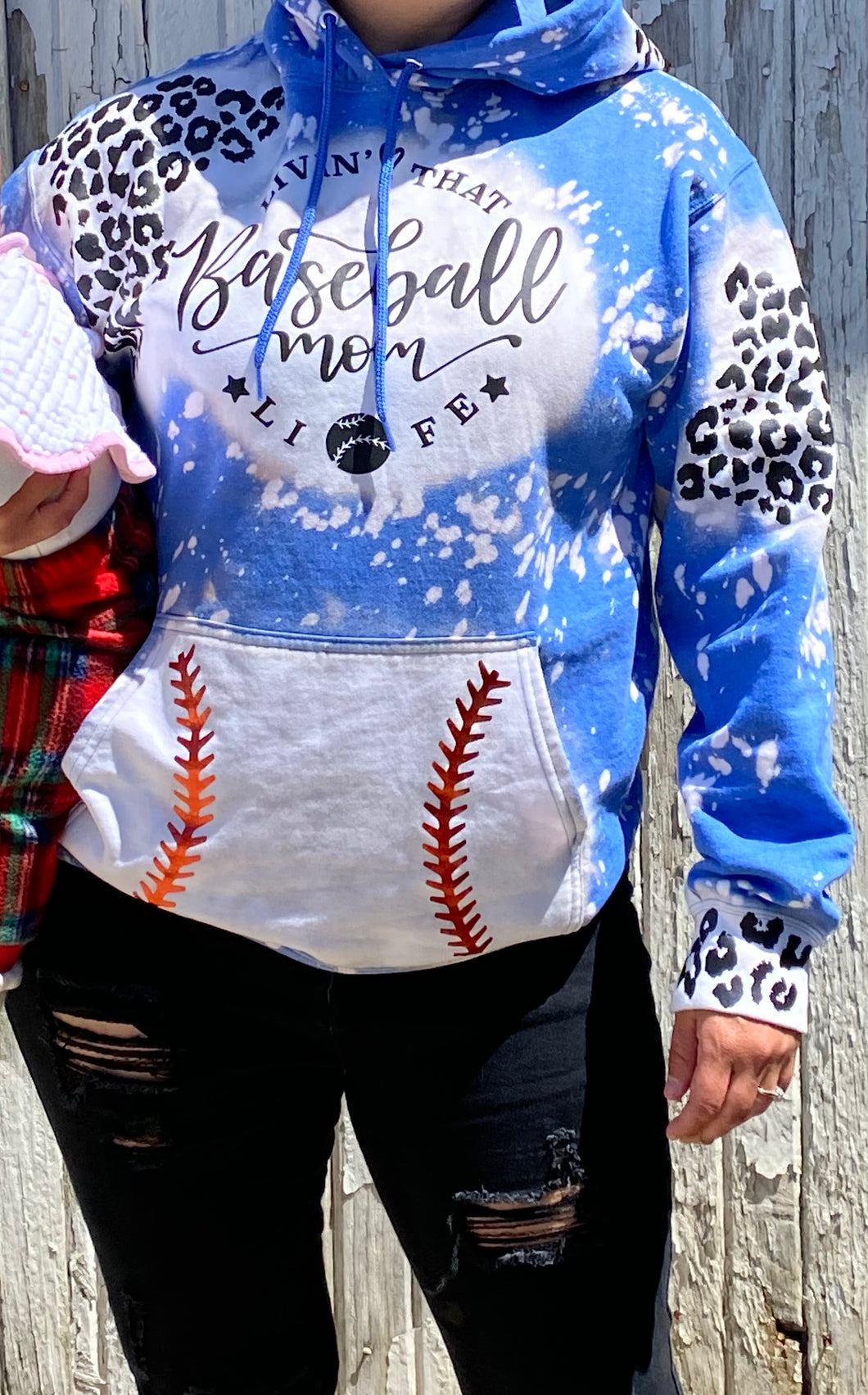 Livin’ That Baseball Mom Life Blue Bleached Leopard Hoodie - Mavictoria Designs Hot Press Express