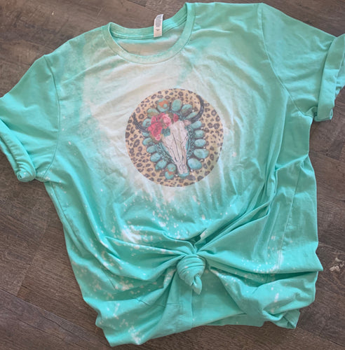 Mint round leopard Turquoise stone bull skull Bleached tee // graphic tee - Mavictoria Designs Hot Press Express