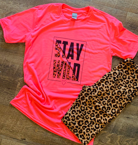 Neon pink with leopard stay wild Graphic tee - Mavictoria Designs Hot Press Express