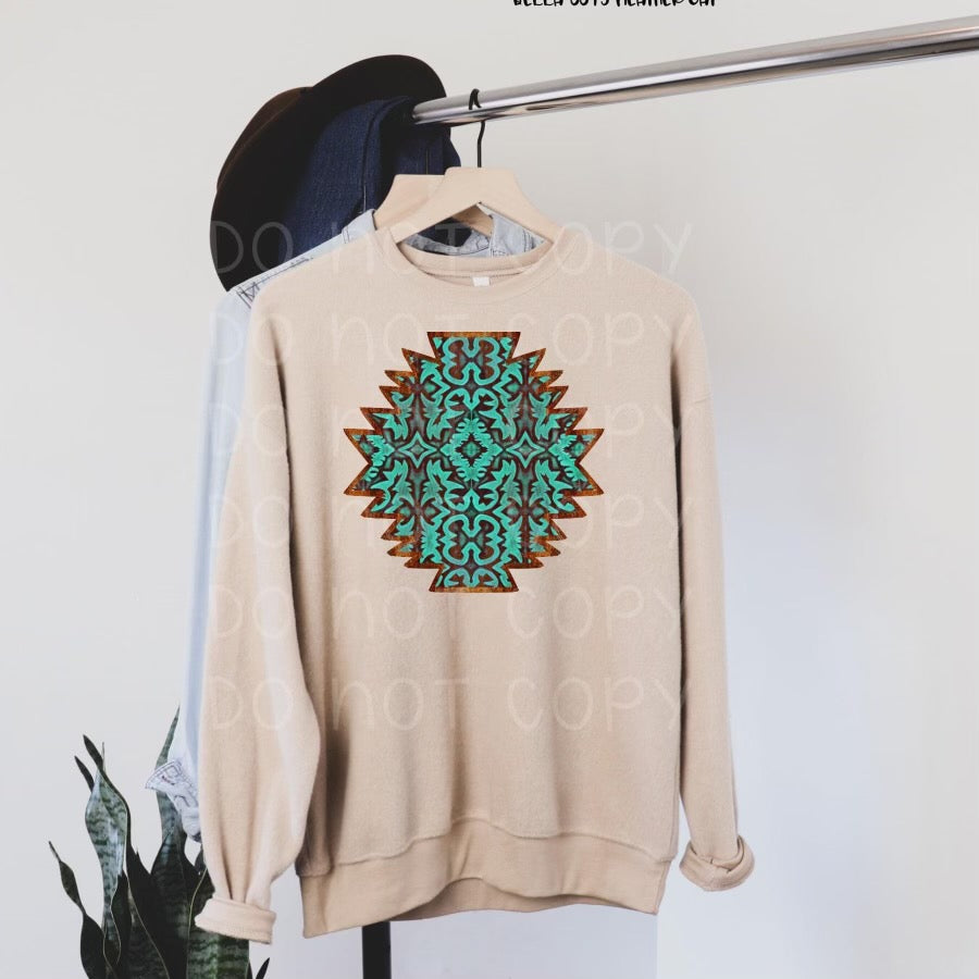 Turquoise Aztec. graphic tee long sleeve crew or hoodie - Mavictoria Designs Hot Press Express