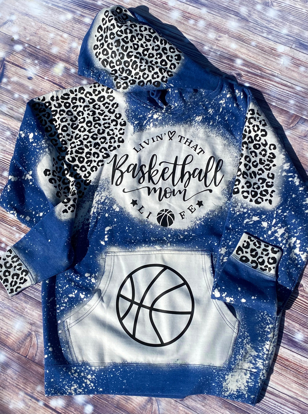 Livin’ That Basketball Mom Life Blue Bleached Leopard Hoodie - Mavictoria Designs Hot Press Express