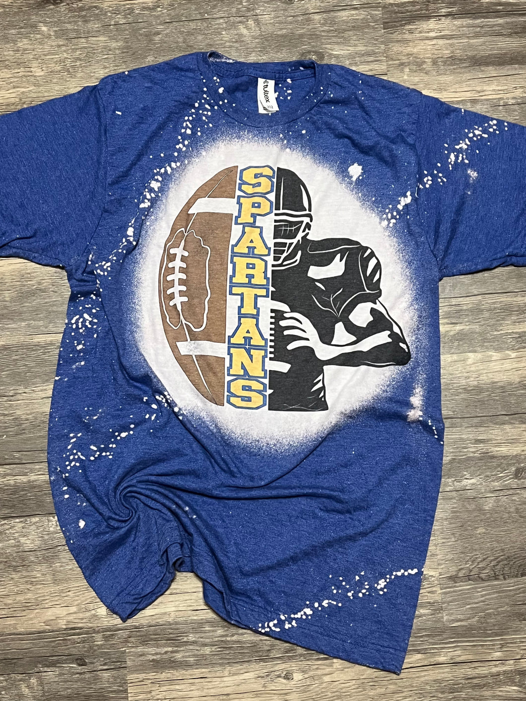 Spartans football player split blue bleached graphic tee - Mavictoria Designs Hot Press Express