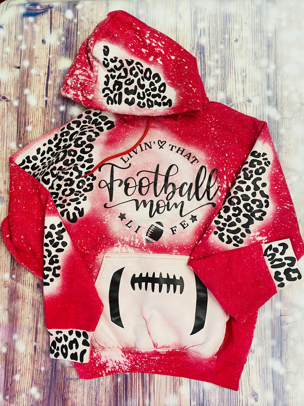 Livin’ That Football Mom Life Red Bleached Leopard Hoodie - Mavictoria Designs Hot Press Express