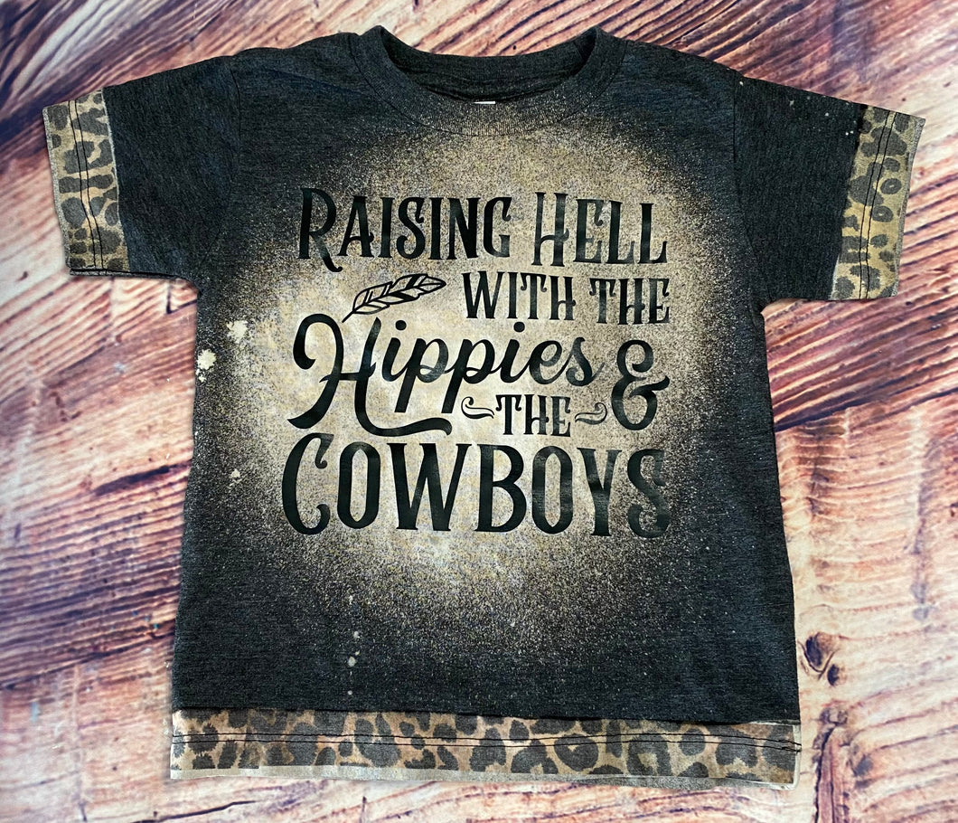 KIDS Raising Hell With The Hippies & The Cowboys with leopard trim. Charcoal bleached graphic onesie or tee. - Mavictoria Designs Hot Press Express