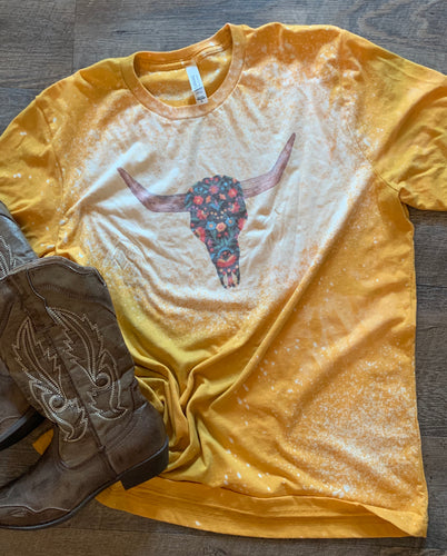 Mustard bleached boho bull skull Graphic tee - Mavictoria Designs Hot Press Express
