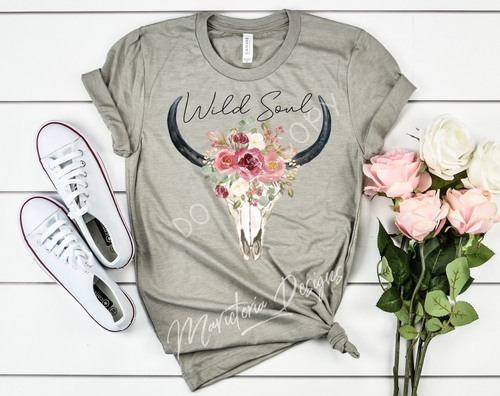 Wild soul floral bull skull. H olive. graphic tank tee crew or hoodie - Mavictoria Designs Hot Press Express