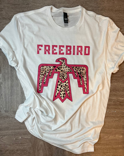 Freebird pink and leopard thunderbird western graphic tee on white - Mavictoria Designs Hot Press Express