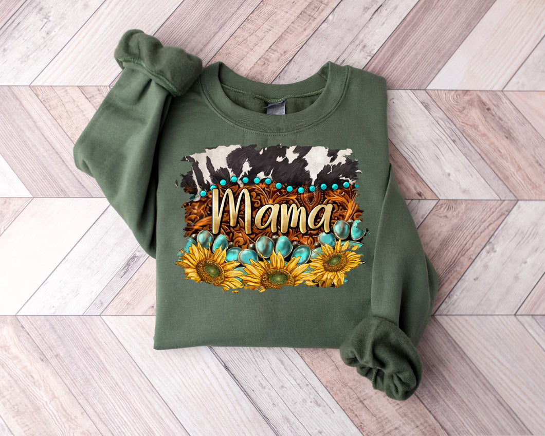 Mama western cowhide sunflowers turquoise graphic tee long sleeve crew or hoodie - Mavictoria Designs Hot Press Express