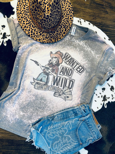 Wanted and wild long live cowgirls bleached graphic tee - Mavictoria Designs Hot Press Express