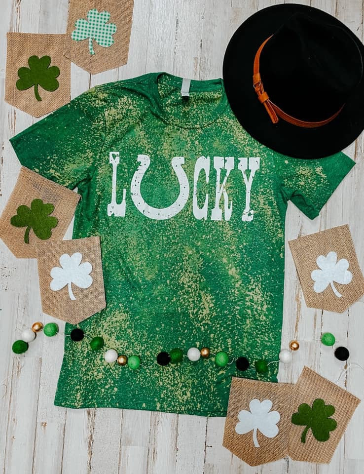 Lucky horseshoe bleached St. Patrick’s day tank tee crew or hoodie - Mavictoria Designs Hot Press Express