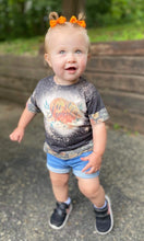 Load image into Gallery viewer, KIDS Just Peachy with black floral trim. Charcoal bleached graphic onesie or tee. - Mavictoria Designs Hot Press Express

