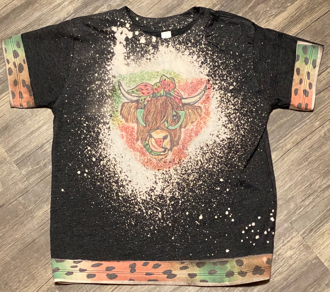 Watermelon Highland Hairy Cow w/ Watermelon trim. Charcoal bleached graphic onesie or tee. - Mavictoria Designs Hot Press Express