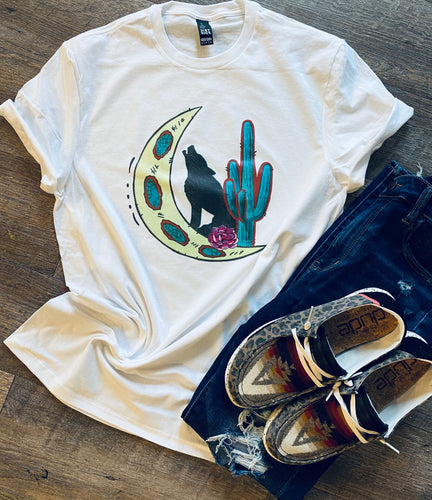 Moon coyote cactus. Western. graphic tee long sleeve crew or hoodie - Mavictoria Designs Hot Press Express