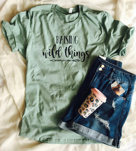 Raising wild things custom graphic bella canvas tshirt. Unisex triblend green. Momlife. Mama. Mom. Motherhood. - Mavictoria Designs Hot Press Express