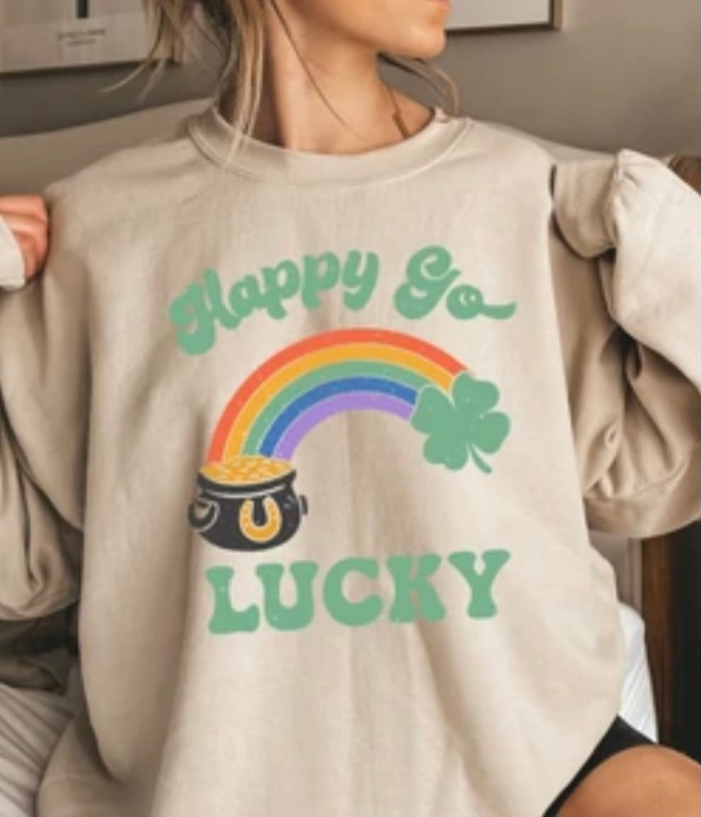 Happy Go Lucky graphic tee long sleeve crew or hoodie - Mavictoria Designs Hot Press Express
