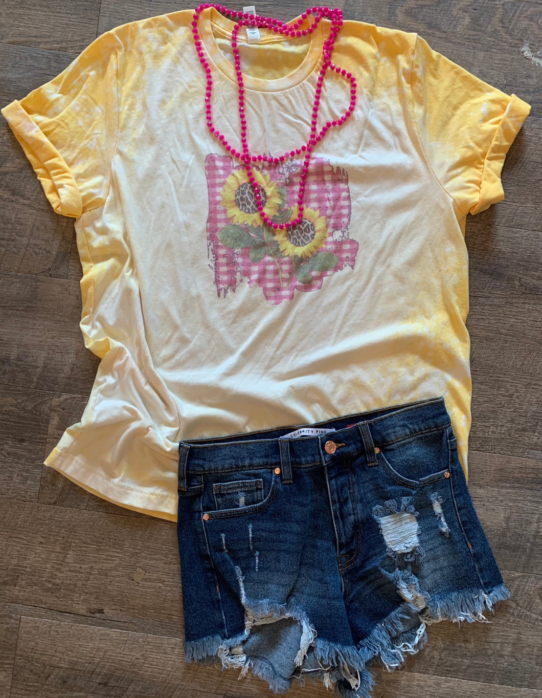 Yellow bleached gingham pink sunflower tee Graphic tee - Mavictoria Designs Hot Press Express