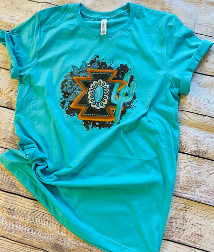 Sunflower aztec turquoise cactus. Western. graphic tee long sleeve crew or hoodie - Mavictoria Designs Hot Press Express
