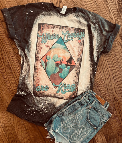 Where cowboys are king bleached graphic tee - Mavictoria Designs Hot Press Express