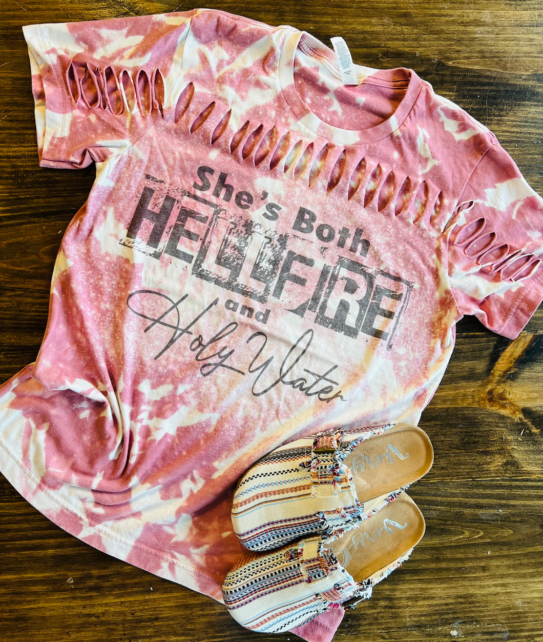 She’s both hellfire and holy water bleached distressed graphic tee - Mavictoria Designs Hot Press Express