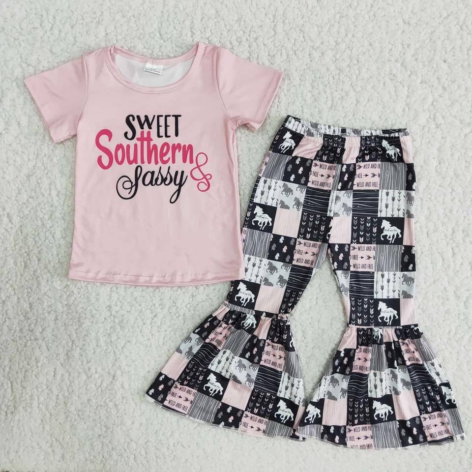 Preorder Pink “sweet southern & sassy” tee. pink black white western patch bells - Mavictoria Designs Hot Press Express