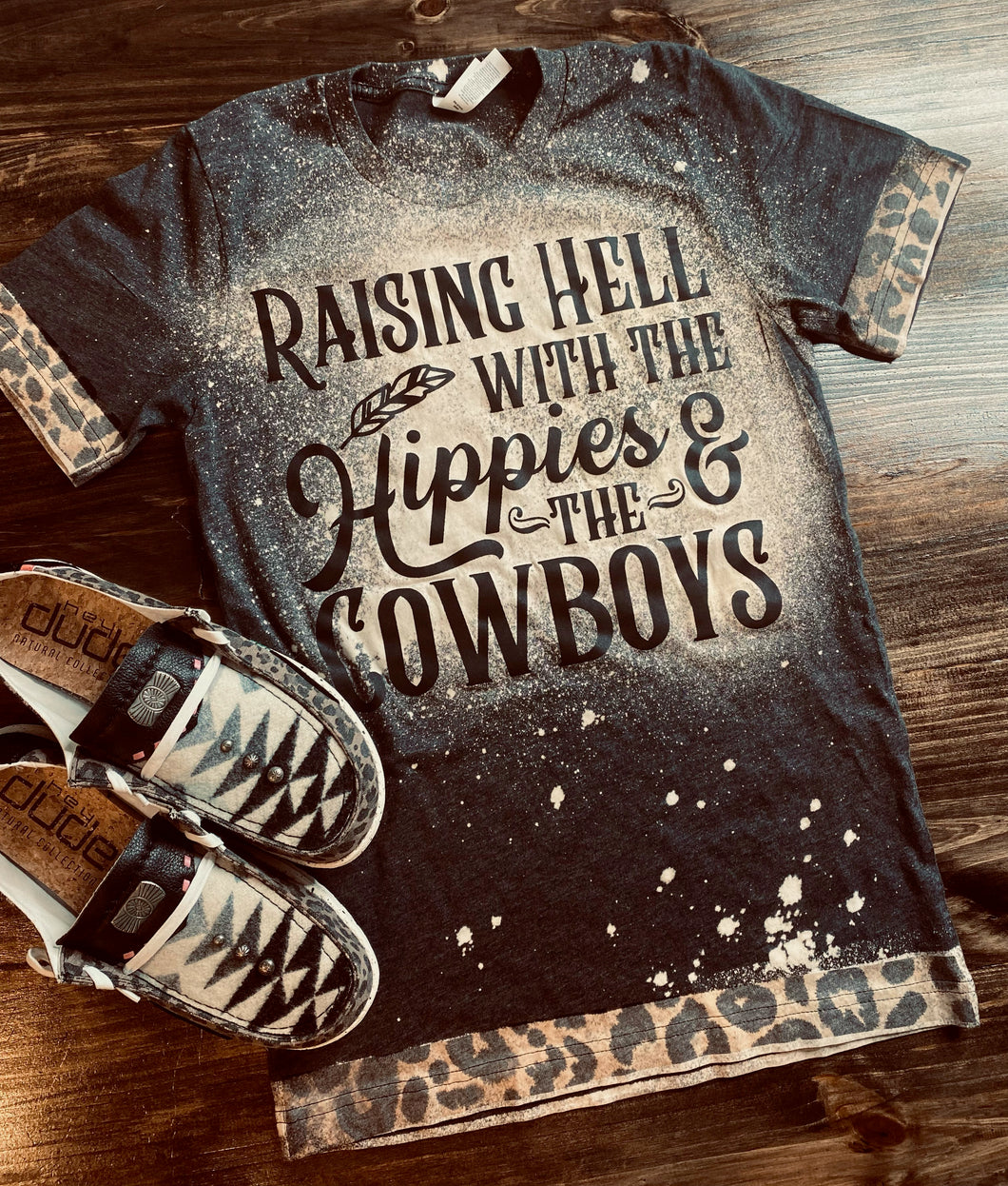 Raising Hell with the Hippies and Cowboys leopard trim bleached graphic tee - Mavictoria Designs Hot Press Express