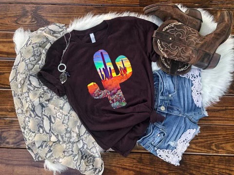 Sunset cactus. Dk maroon (oxblood) graphic hoodie tee crew or long sleeve - Mavictoria Designs Hot Press Express