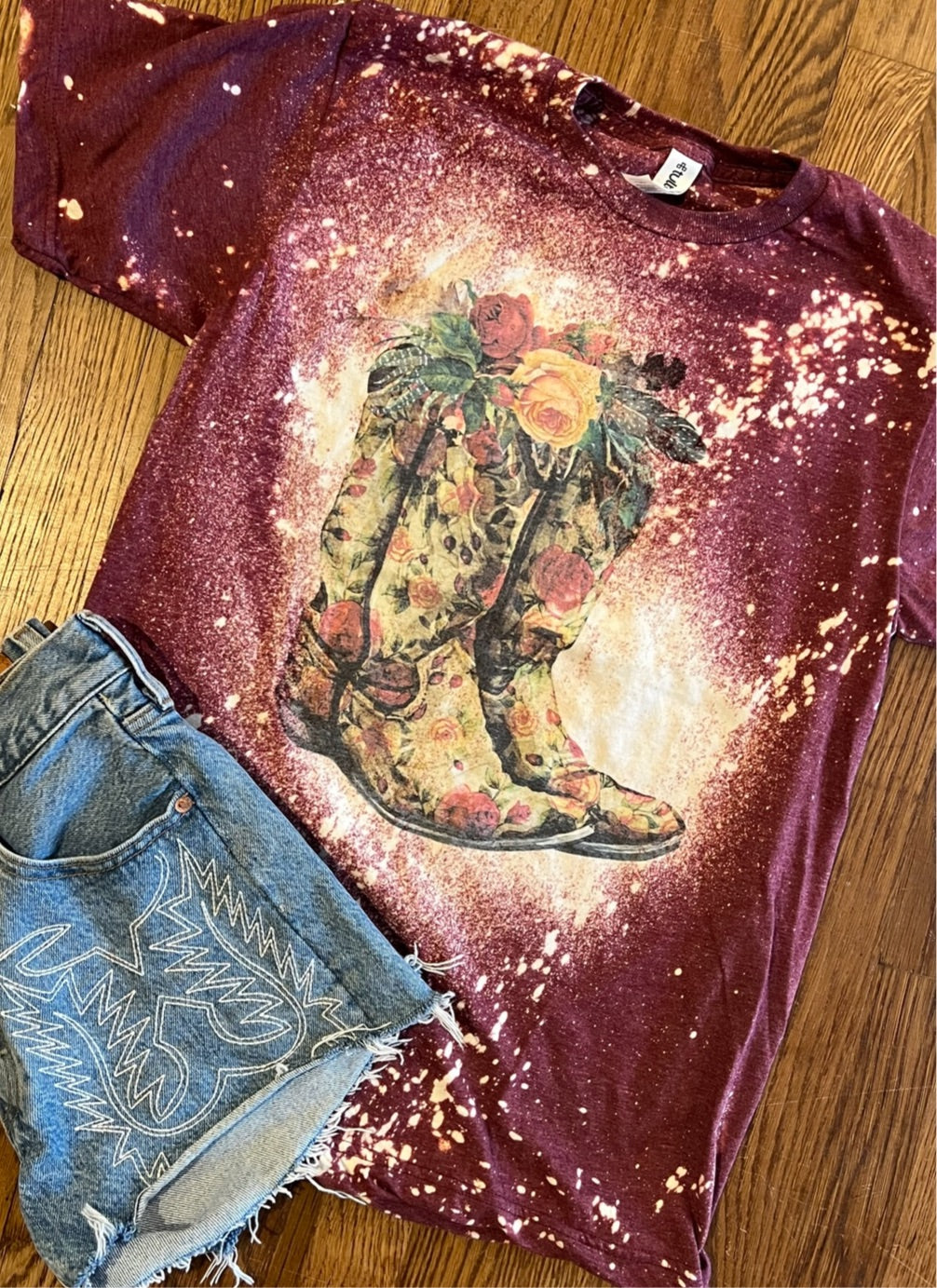 Bleached floral cowgirl boots graphic tee - Mavictoria Designs Hot Press Express
