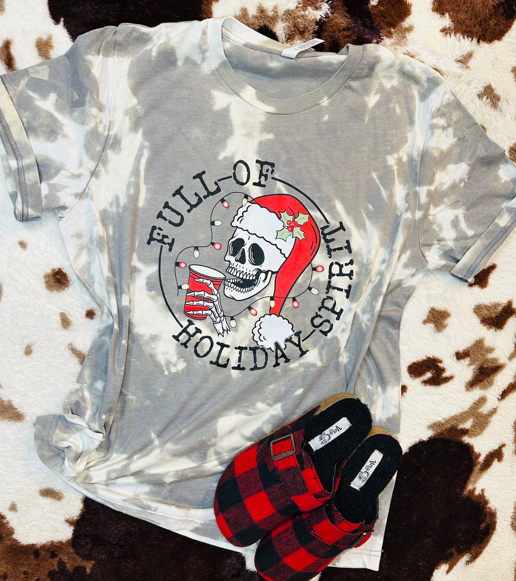 Full of holiday spirit Christmas skeleton bleached graphic tee - Mavictoria Designs Hot Press Express