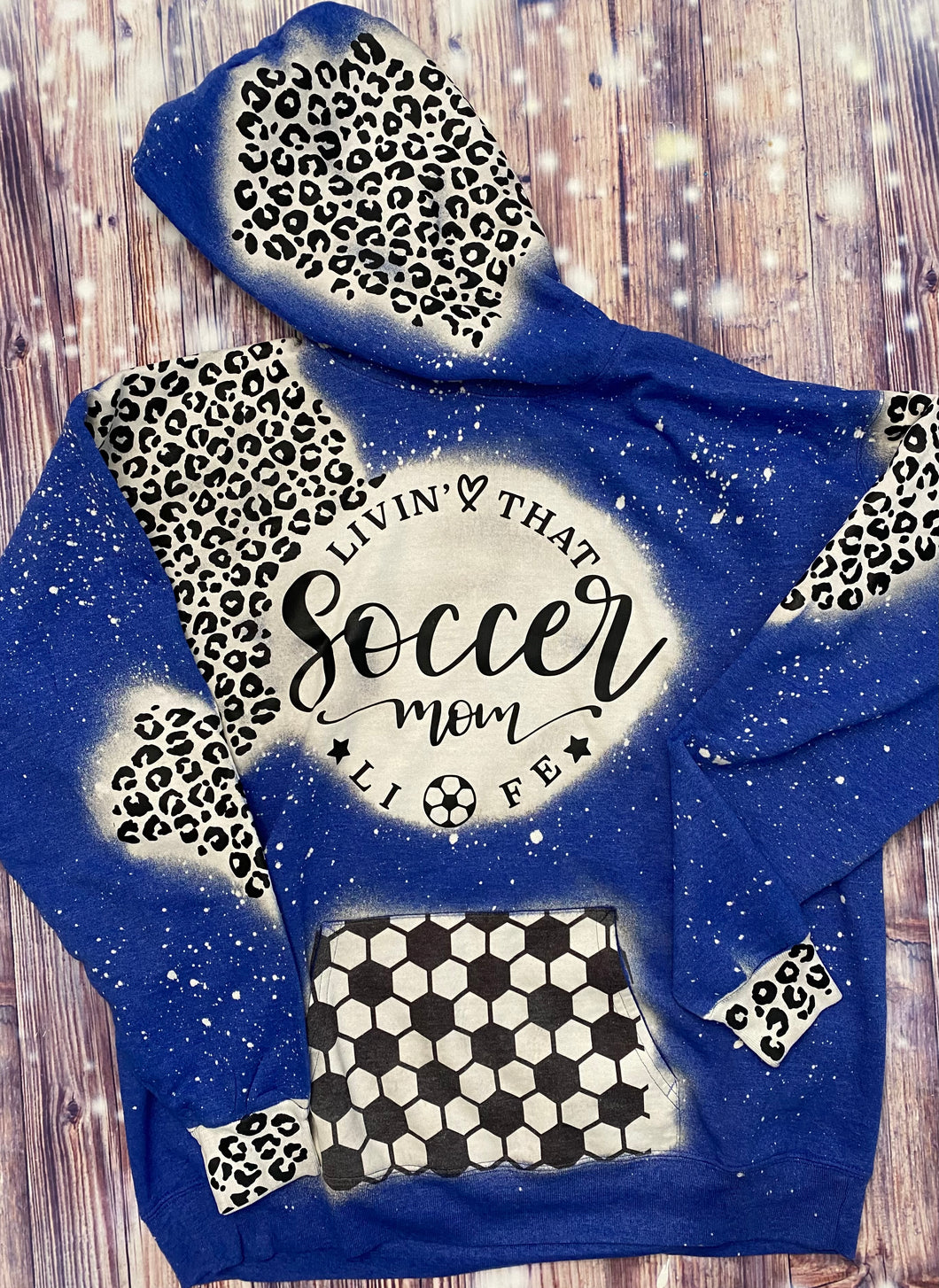 Livin’ That Soccer Mom Life Red Blue Bleached Leopard Hoodie - Mavictoria Designs Hot Press Express