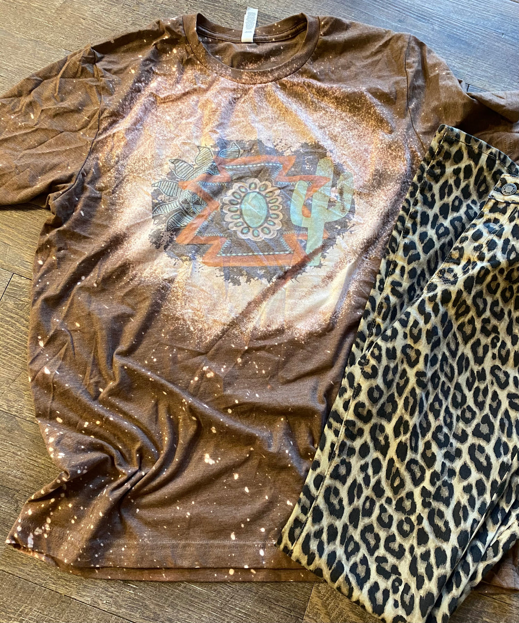 Sunflower Aztec turquoise cactus. bleached distressed graphic tee - Mavictoria Designs Hot Press Express