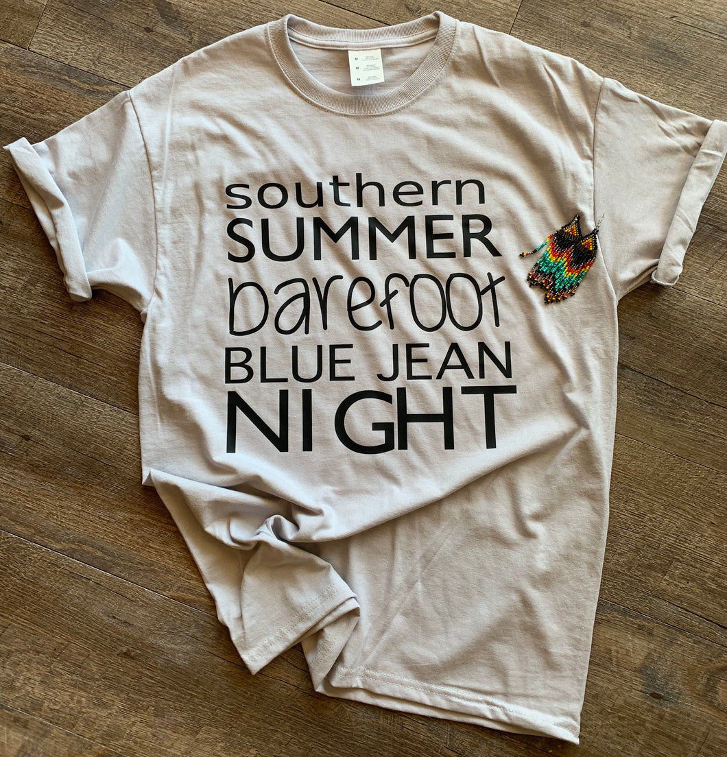 Southern summer barefoot blue jean night graphic tee - Mavictoria Designs Hot Press Express