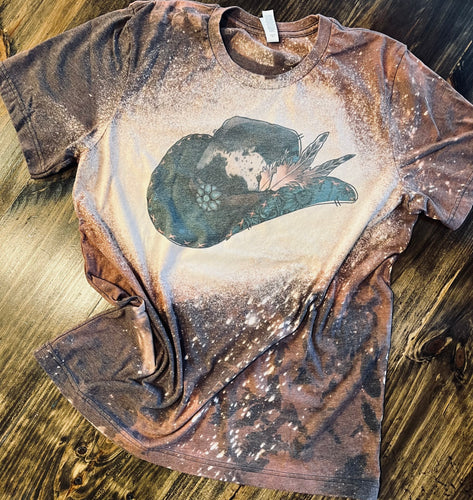 Cowboy hat cowhide turquoise feathers bleached graphic tee - Mavictoria Designs Hot Press Express