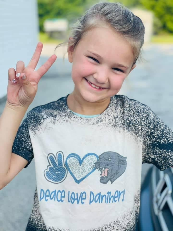 KIDS Blue Peace Love Panthers. Charcoal bleached graphic onesie or tee. - Mavictoria Designs Hot Press Express