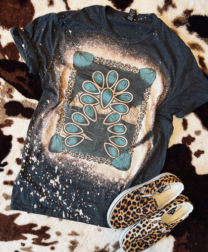 Western BLEACHED CONCHO turquoise stone charcoal graphic tee - Mavictoria Designs Hot Press Express