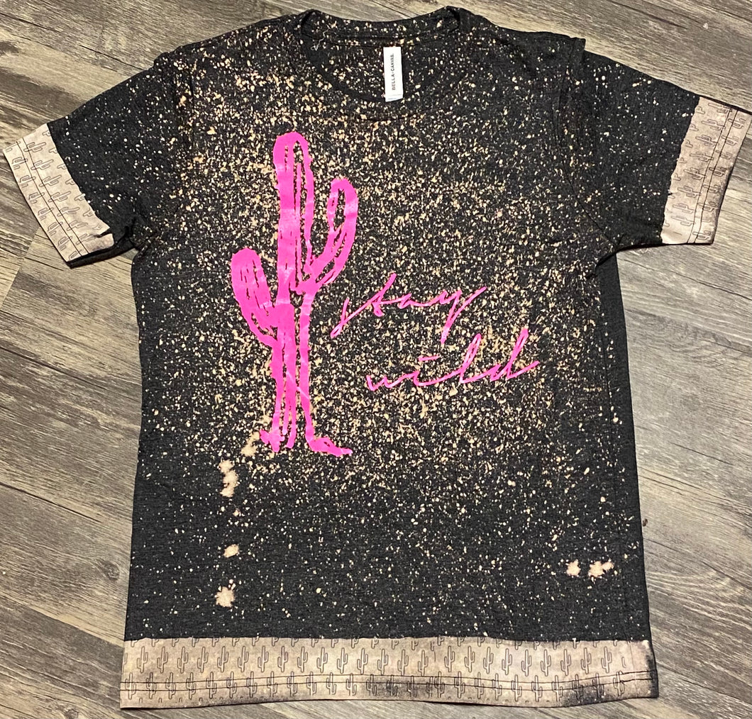 KIDS Pink Stay Wild Cactus with Cactus trim. Charcoal bleached graphic onesie or tee. - Mavictoria Designs Hot Press Express