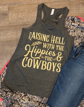 Load image into Gallery viewer, Raising hell with the hippies and the cowboys graphic tee or tank - Mavictoria Designs Hot Press Express

