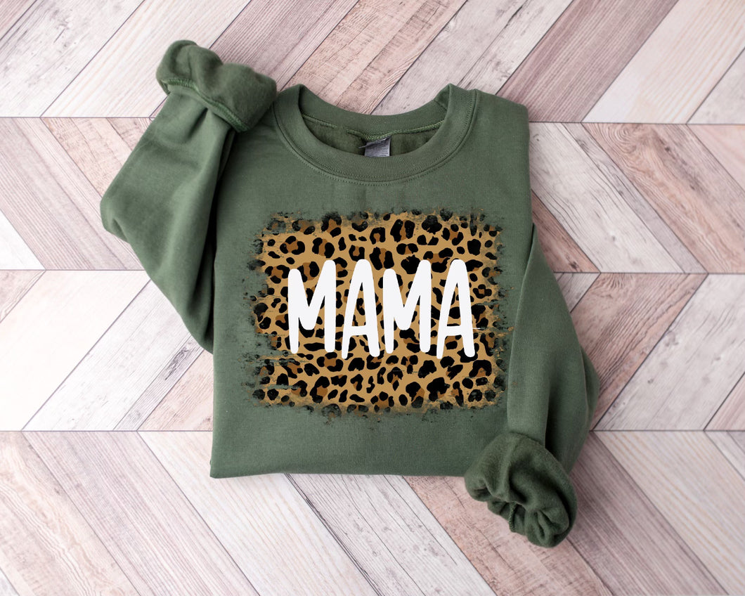 Mama with leopard print graphic tee long sleeve crew or hoodie - Mavictoria Designs Hot Press Express