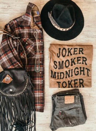 Joker smoker midnight toker on coyote brown graphic tee Steve killer band - Mavictoria Designs Hot Press Express