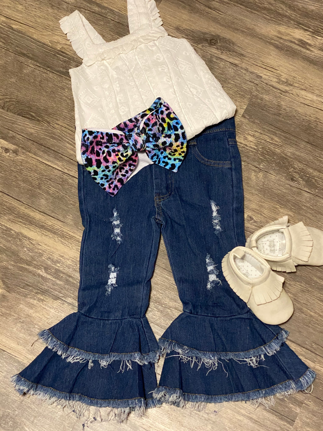 PREORDER Dark wash double layer bell bottom distressed denim jeans - Mavictoria Designs Hot Press Express