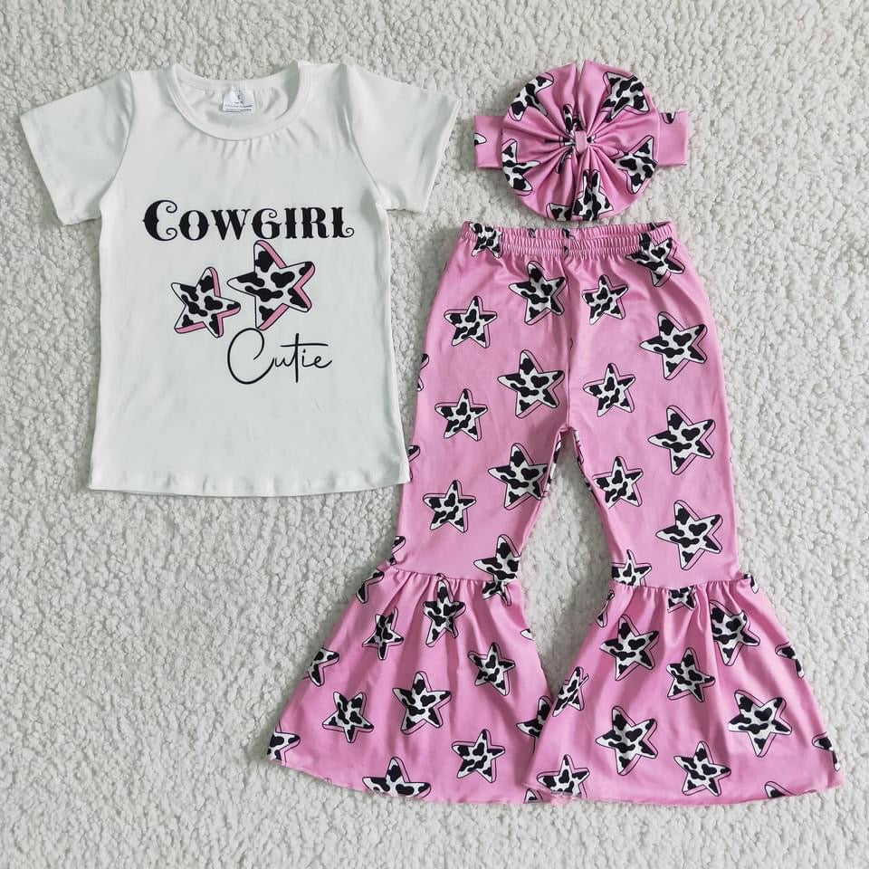 Preorder White Cowgirl Cutie Tee With Pink Cowhide Stars Bells - Mavictoria Designs Hot Press Express