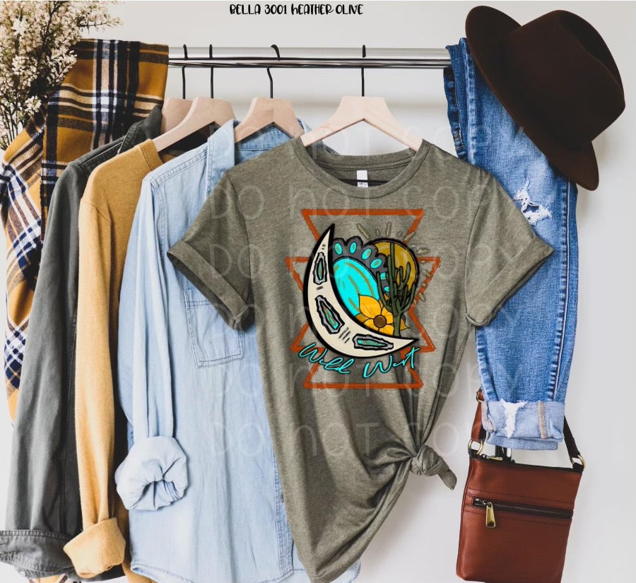 Wild West. Moon. Turquoise. Sun. Cactus. Aztec. Country. Western. graphic tee long sleeve crew or hoodie - Mavictoria Designs Hot Press Express