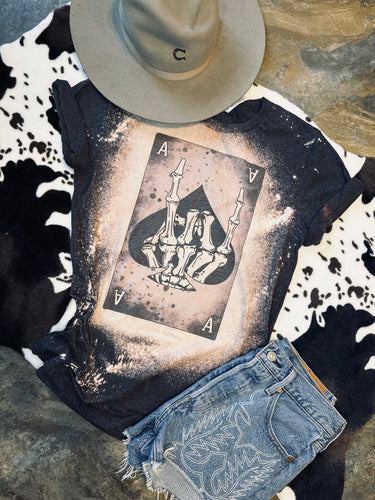 Ace of cards skeleton rock on western bleached graphic tee - Mavictoria Designs Hot Press Express