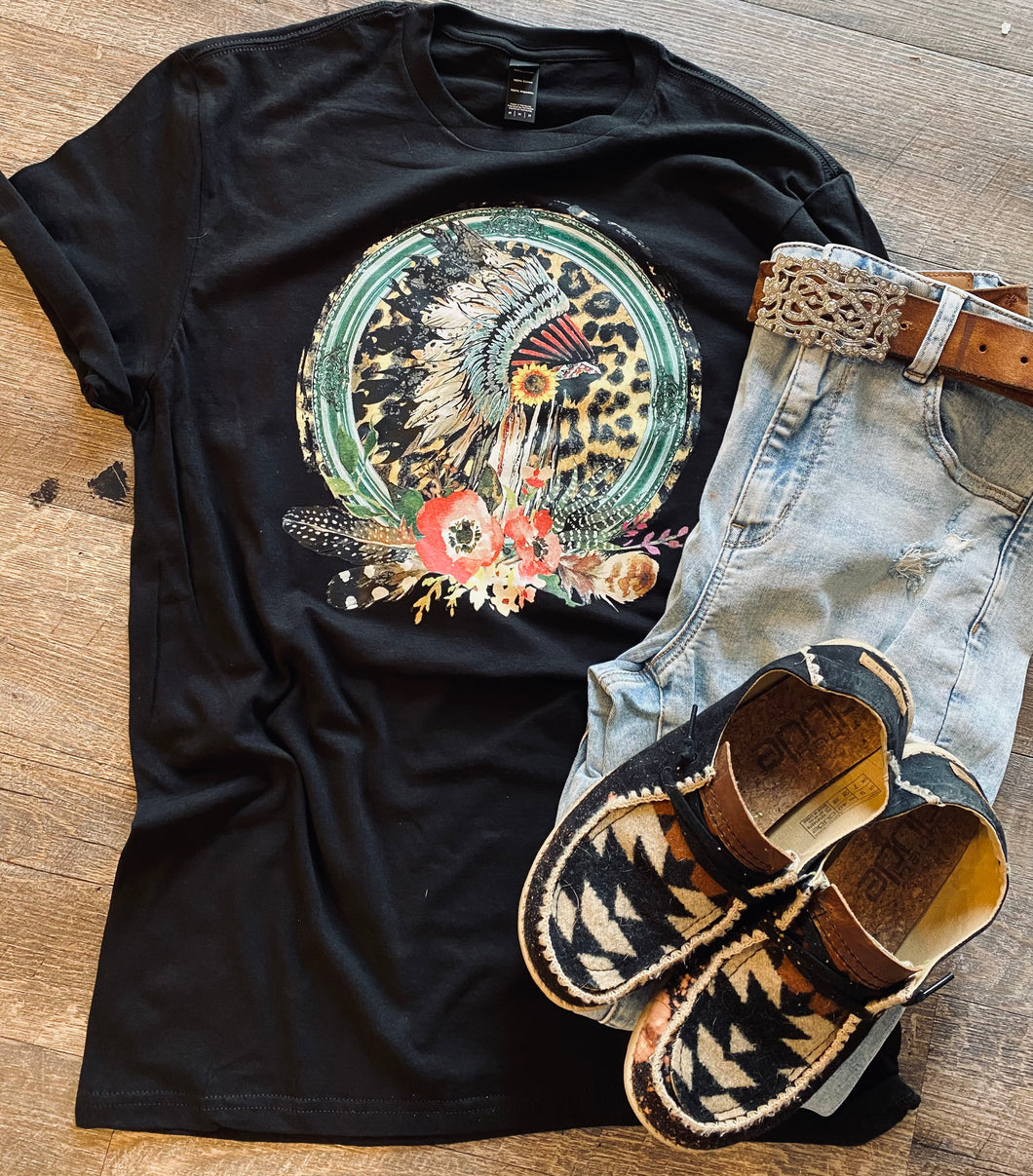Colorful headdress. Round floral feathers. graphic tee long sleeve crew or hoodie - Mavictoria Designs Hot Press Express
