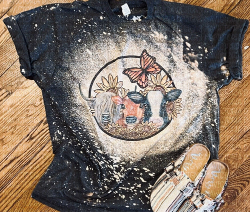 Cows, sunflowers and butterfly bleached graphic tee - Mavictoria Designs Hot Press Express