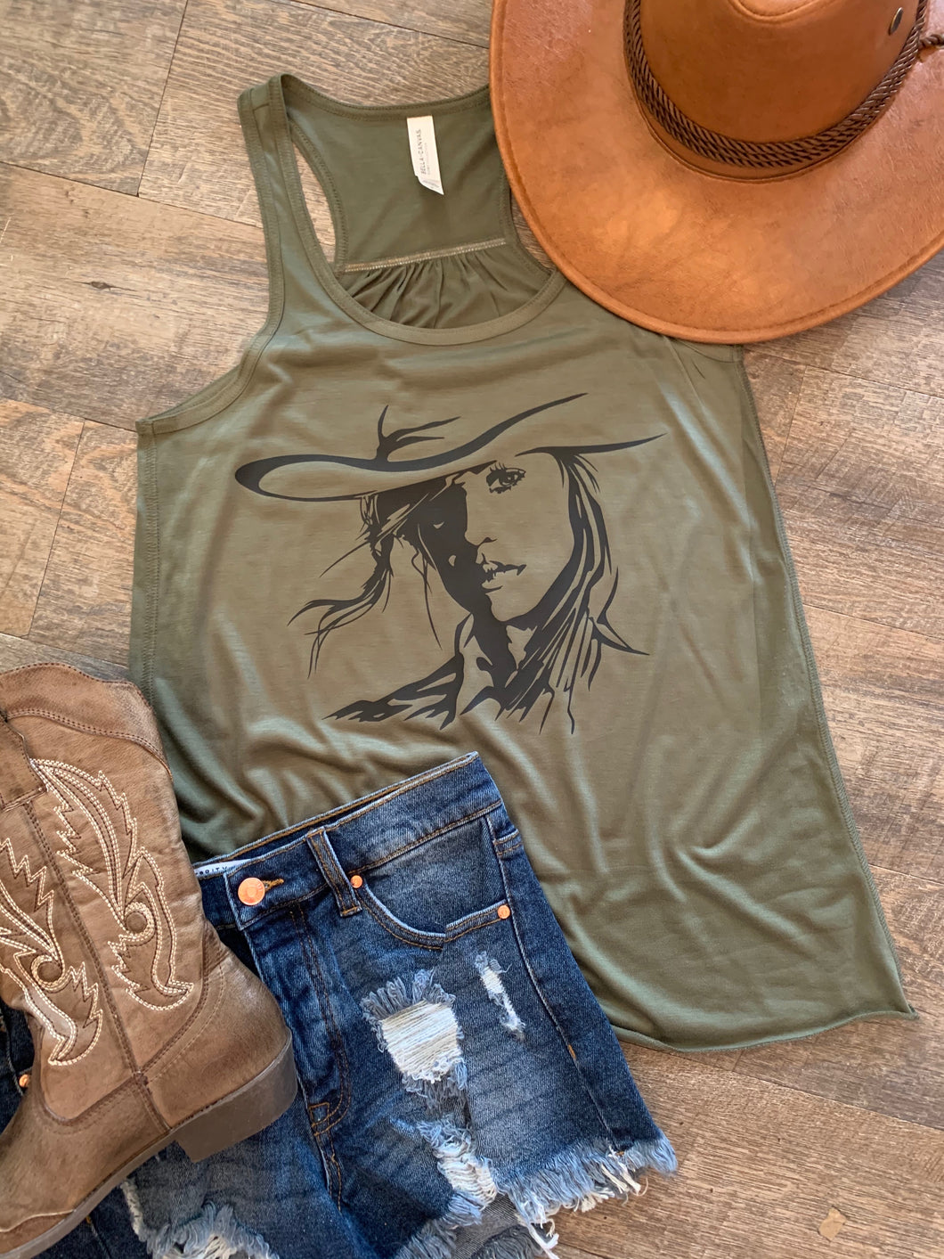Dk Olive Cowgirl. custom tank top or tshirt. Funny shirt. Tee. Gift. - Mavictoria Designs Hot Press Express